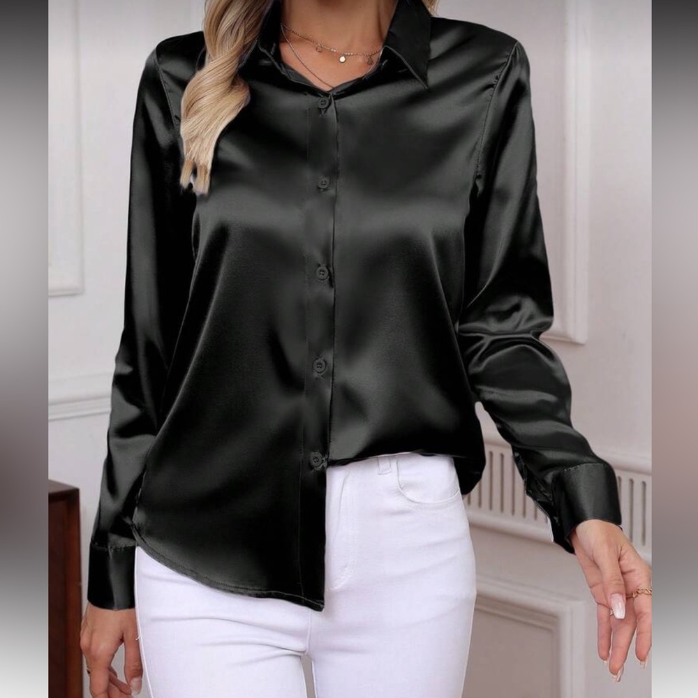 Elegant Plus Size Office Work Pink Satin Top Blouse Button Down Up Shirt Black
